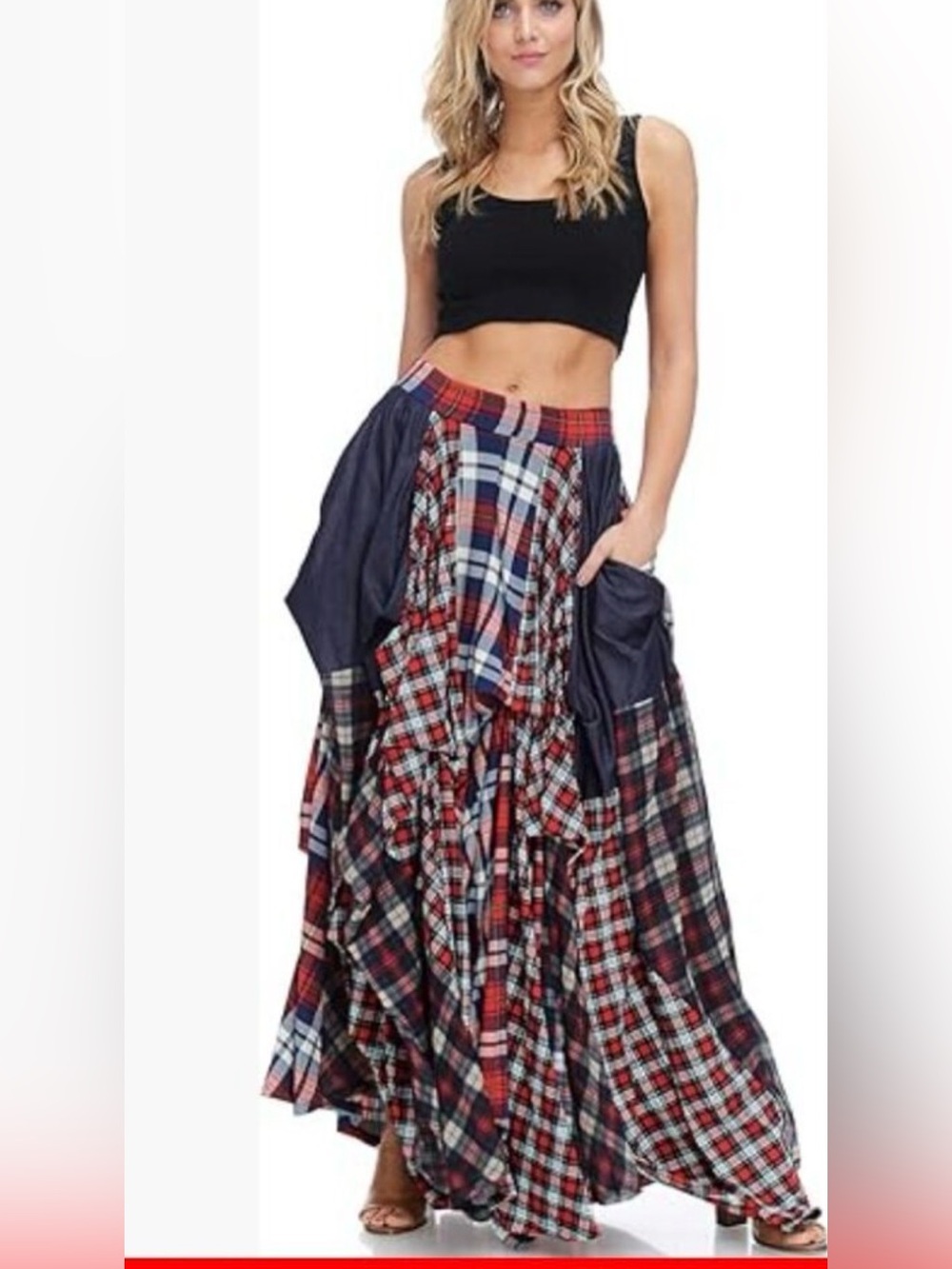 NWT Kosmios Mixed Tartan Plaid Patchwork Maxi Skirt Draped Size L